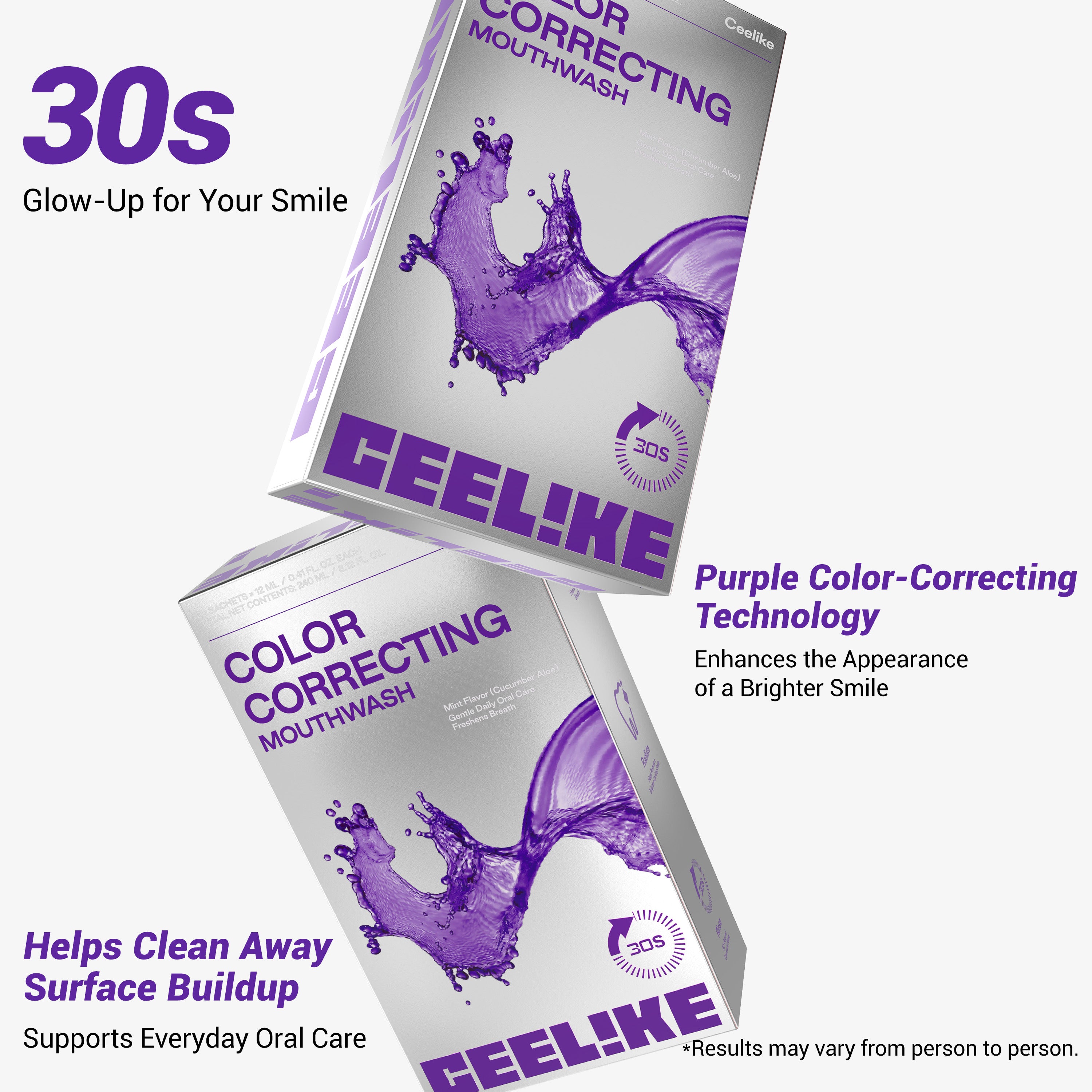 CEELIKE Purple Color-Correcting Stick Mouthwash | Alcohol-Free | Fresh Mint | 12 Sticks