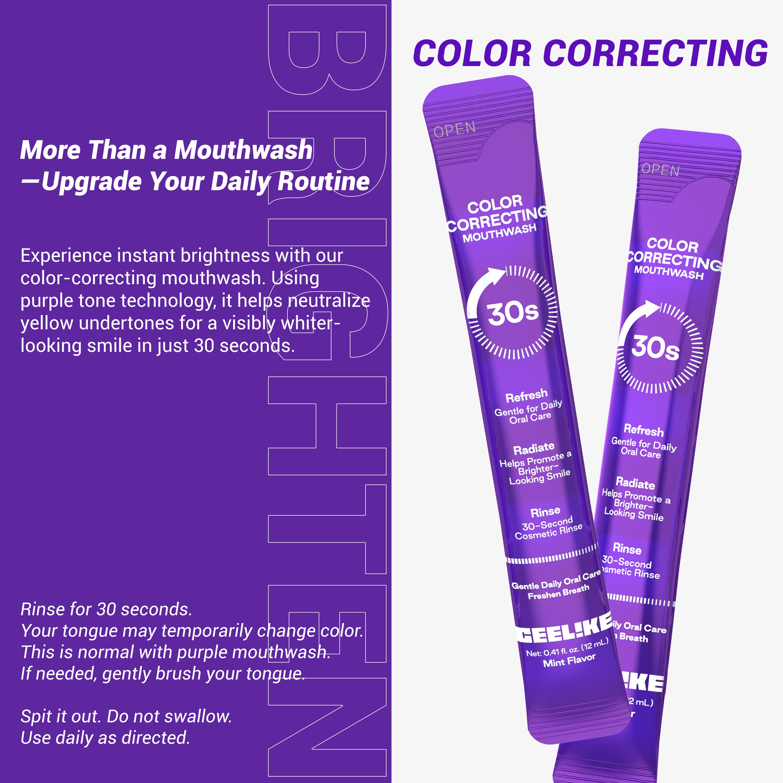 CEELIKE Purple Color-Correcting Stick Mouthwash | Alcohol-Free | Fresh Mint | 12 Sticks