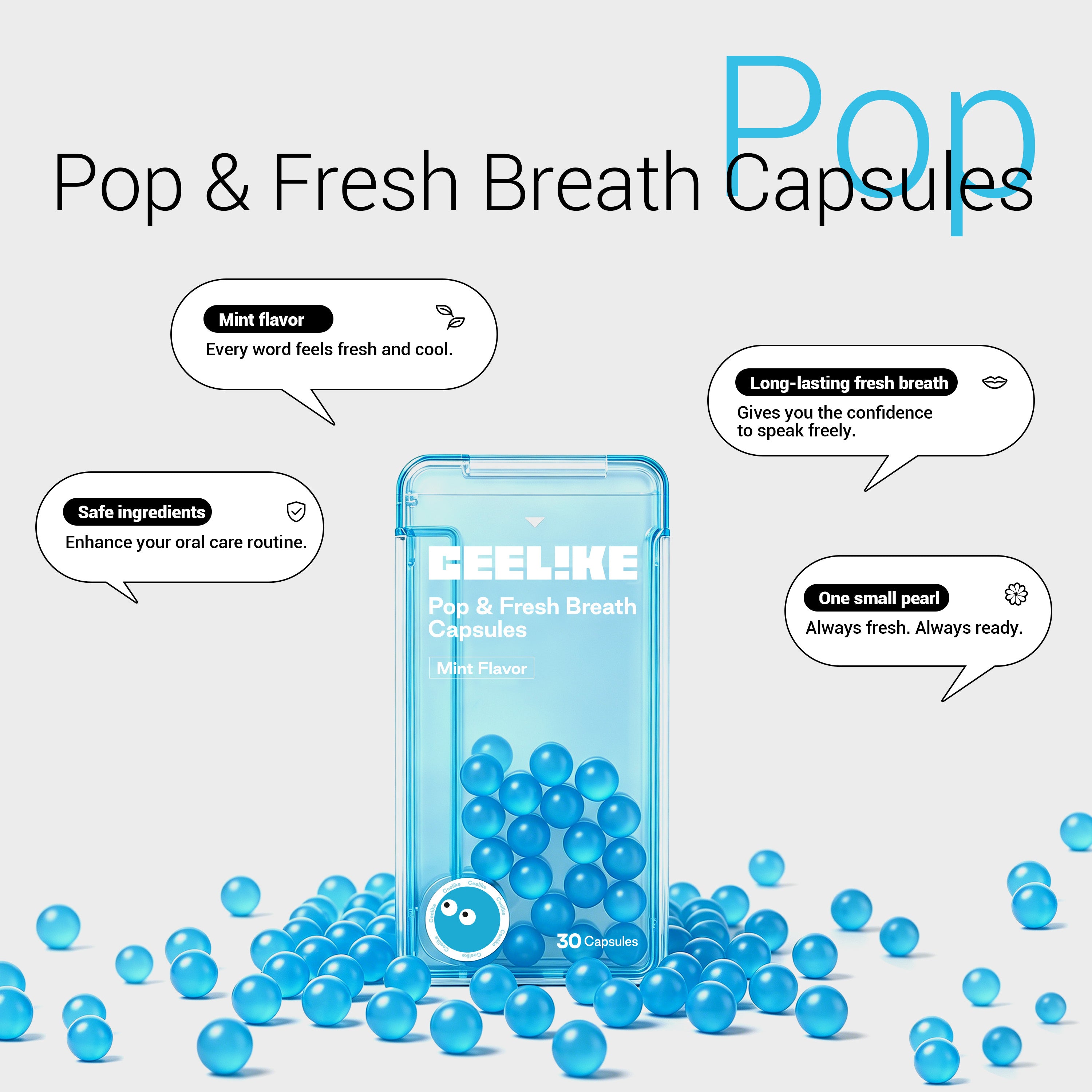 CEELIKE Pop & Fresh Breath Capsules | Mint Flavor | Portable Mouth Pearls | 30 Capsules