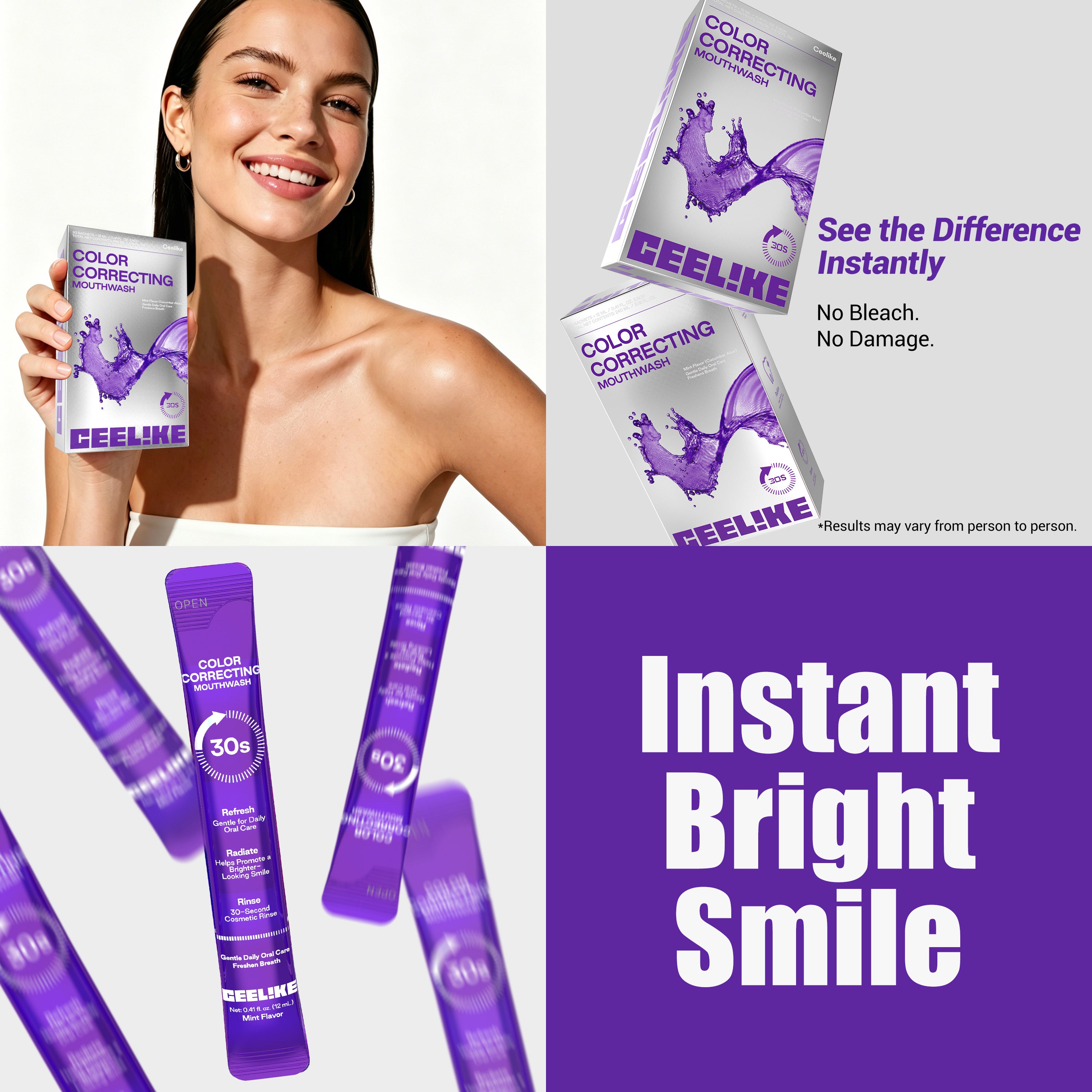 CEELIKE Purple Color-Correcting Stick Mouthwash | Alcohol-Free | Fresh Mint | 12 Sticks
